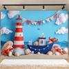 2D Ocean Adventure Background, Cartoon Lighthouse & Boat Themed Party Backdrop