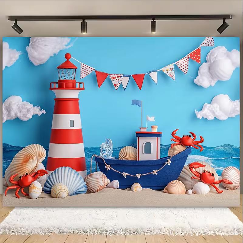 2D Ocean Adventure Background, Cartoon Lighthouse & Boat Themed Party Backdrop