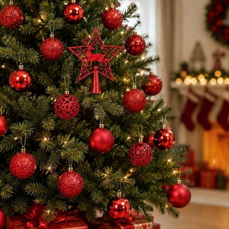 Plastic Christmas Tree Bauble Set, 101-Count Assortment with Mixed Finishes, Varied Ball Styles, and Cutout Star Toppers