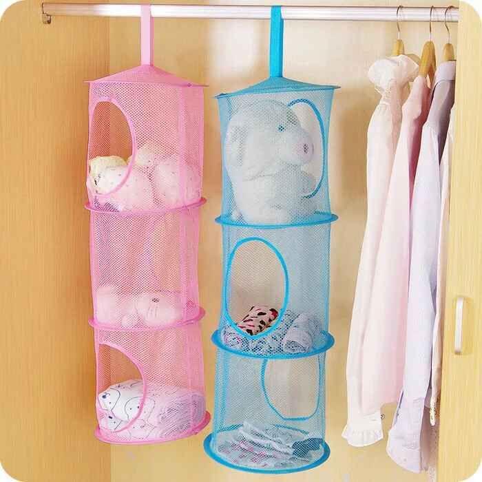 3-Tier Hanging Mesh Organizer with Stacking Open Cages - Ideal for Plush Toy, Multi-Purpose Toy Hammock, Cylindrical Storage Net Hammock