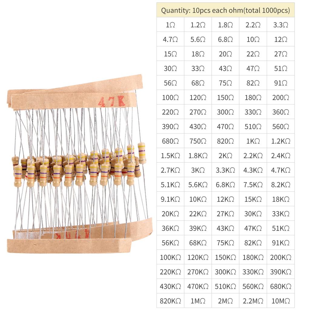100 Value 1000pcs 1-10M Ohm 1 2W Carbon Film Resistor Assorted Kit Resistor Kit