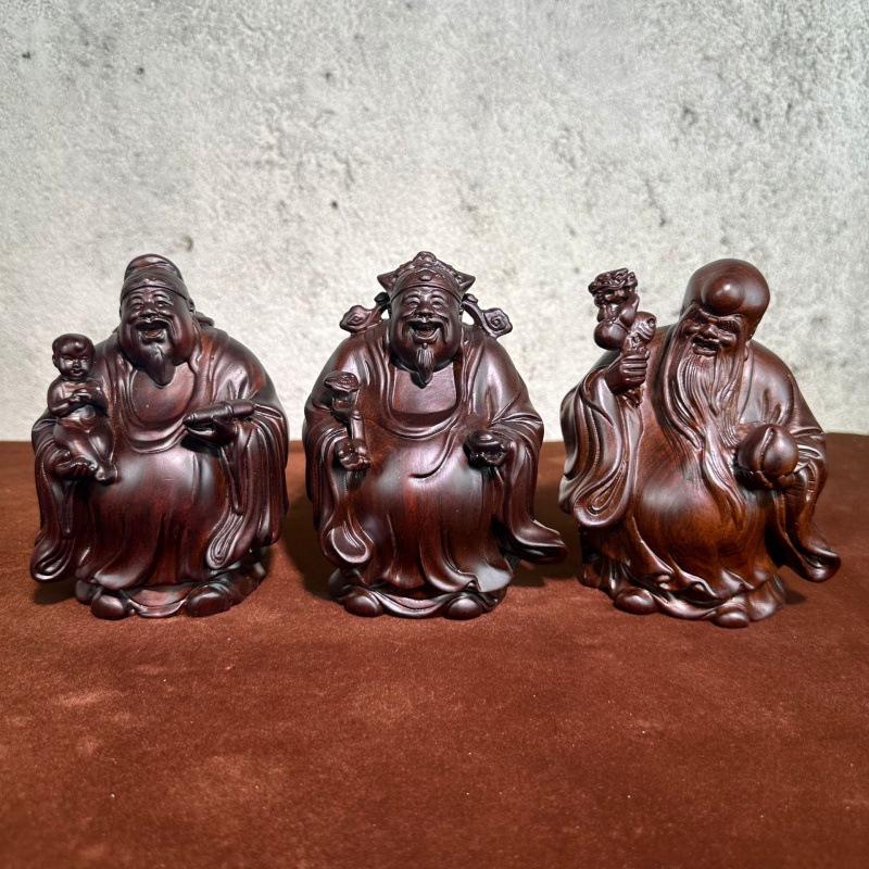 Karin Wood Carving Fulu Shou Ornament - Solid Wood Decor for Longevity Wishes and Birthday Gifts
