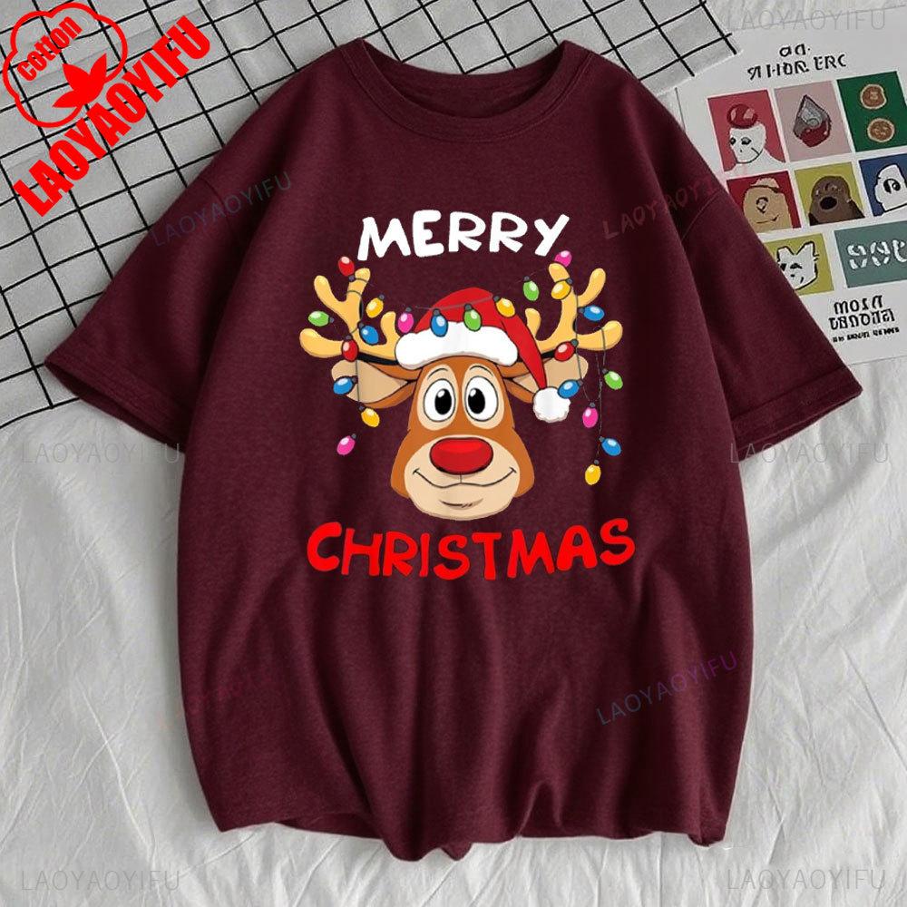 Frohe Weihnachten Rentier Weihnachten Familie Damen T-Shirt Erntedankfest Mode Streetwear O-Ausschnitt Kurzarm Baumwoll-Tops