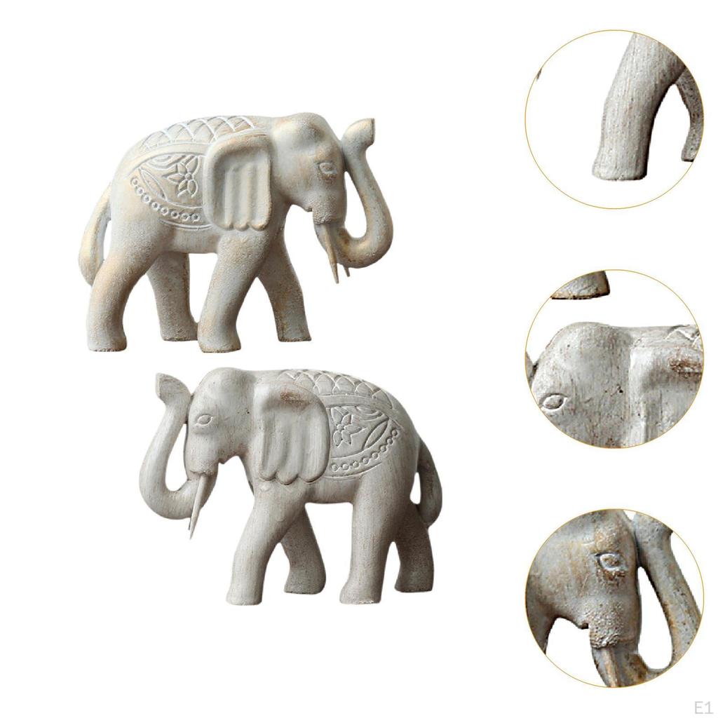 2x Wooden Elephant Statues Desktop Ornament Hand Carved Creative Home Decor Sculptures