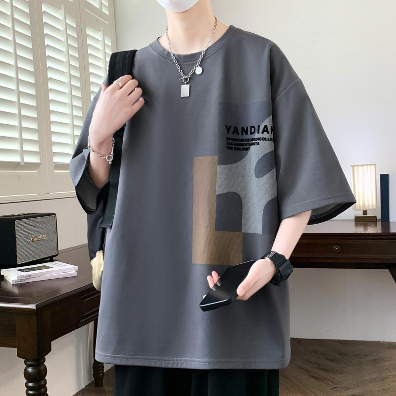 New Loose Flocking Printed Short-sleeved T-shirt Men's Teenagers' Fashion Casual Sports Top Summer