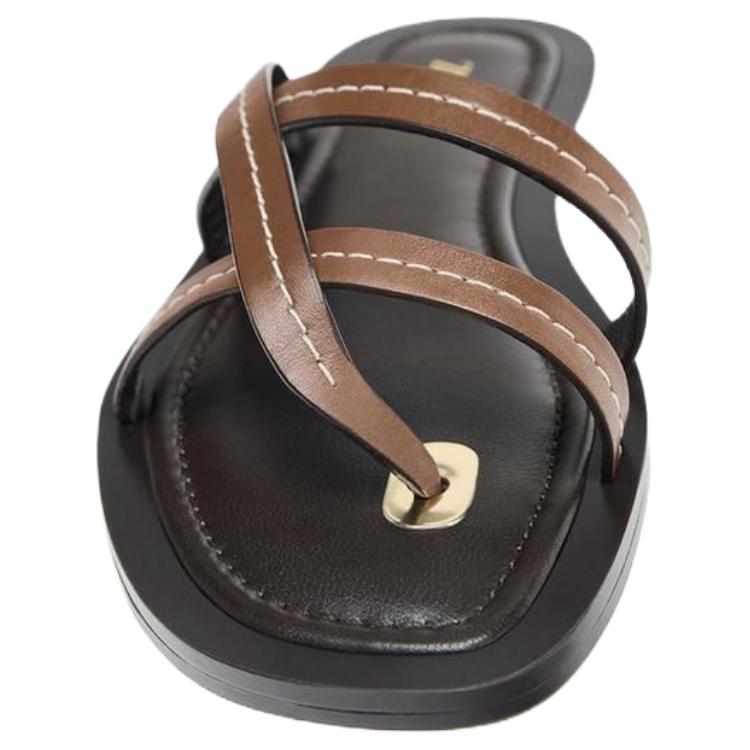 Zara Open-Toe Vintage Flat Strap Leather Sandals Women Sandals Brown 2633510105