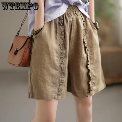 Pantalones Cortos de Verano para Mujer Pantalones Casuales Sueltos Retro Plisados Pantalones de Algodón Lino de Cintura Elástica para Mujer
