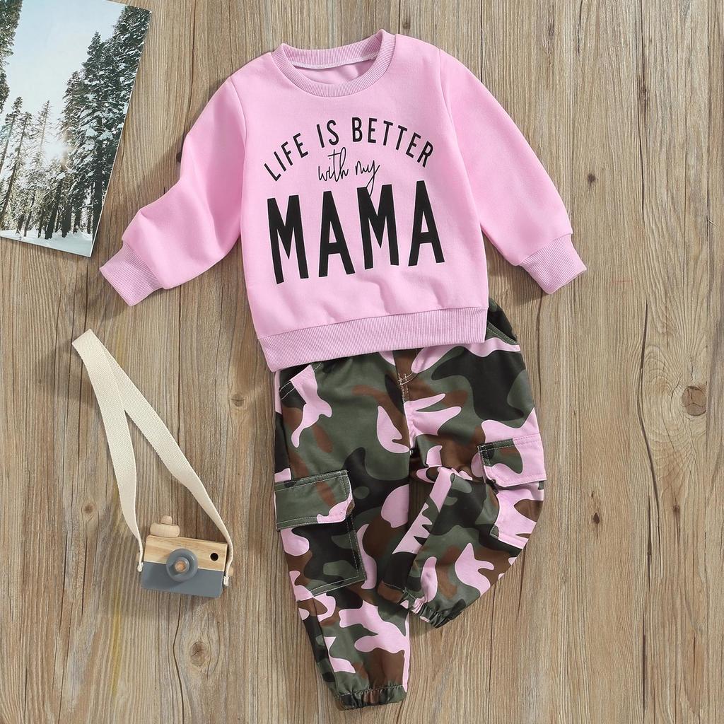 NIEWTR Toddler Baby Girl Fall Outfit Prints Long Sleeve Sweatshirt Stretch Camouflage Pants Set Cute Kids Winter Clothes Z094 Blue 18 24 Months