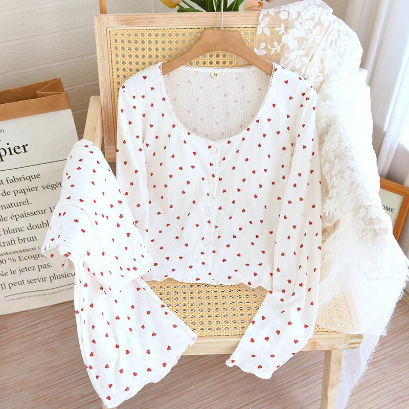 Women's Cotton Knit Pajama Set with Bra Pads - Sweet Long Sleeve Cardigan and Pants for Autumn/Spring Homewear