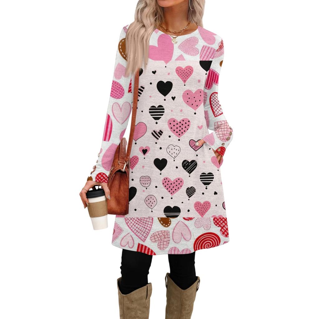 Women's fashion casual pocket decorative button dress round neck long sleeve printed dress