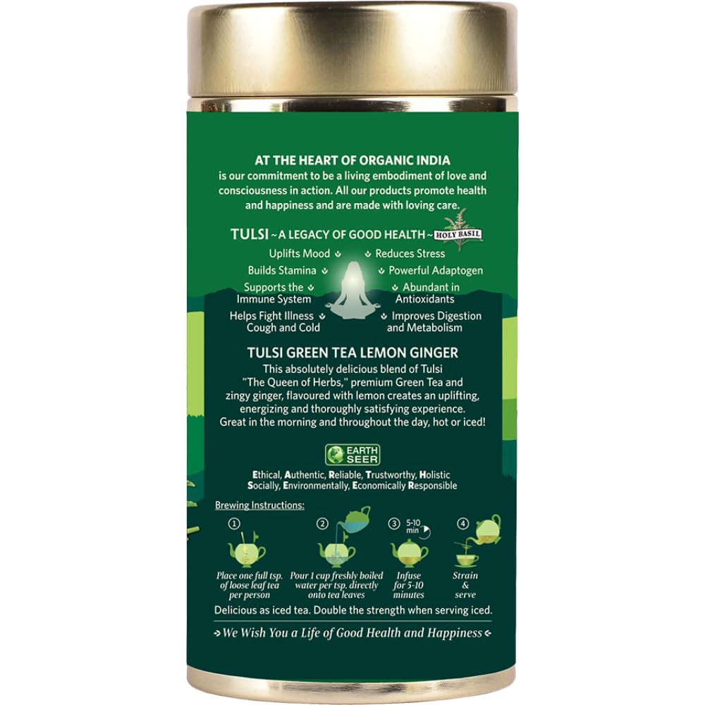 Organic India Tulsi Green Tea Lemon Ginger 100 g Tin Relaxing Herbal Tea Blend for Stress Relief