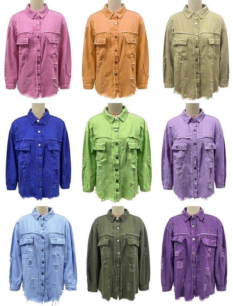 Women's Solid Color Ripped Denim Shirt - Long Sleeve, Loose Fit Bestseller