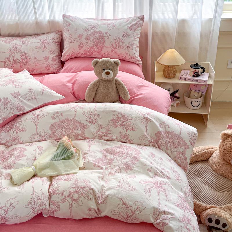 Trendy Double-Sided Cotton Dorm Bedding Set, Fresh Style, 3-Piece or 4-Piece Options