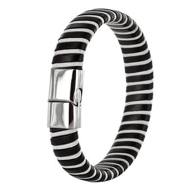 [R5092] - Brown Beige Silver 'Giorgio' Steel Leather Bracelet - 65x60x12 Mm