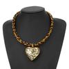 Trendy Double Layer Heart Pendant Necklace with Adjustable Leopard Print Cord Vintage Style Neckchain Jewelry for Women
