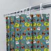 Halloween-Themed Shower Curtain With Colorful Pumpkins, Ghosts, Witches Hats Brooms On Teal Background For Bathroom Decoration W