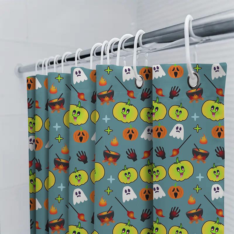 Halloween-Themed Shower Curtain With Colorful Pumpkins, Ghosts, Witches Hats Brooms On Teal Background For Bathroom Decoration W