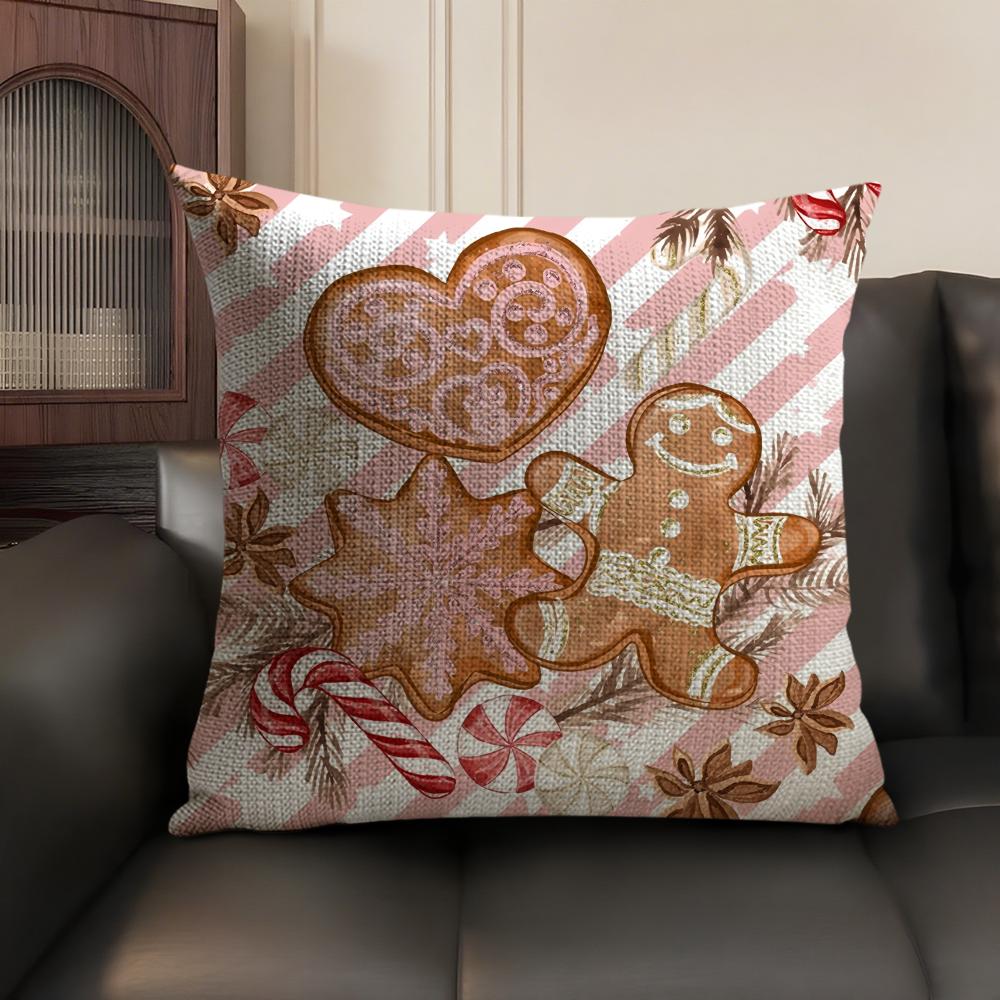 Christmas Pink Gingerbread Cushion Cover Natural Linen Organic Fabric Double-Sided Printing Sofa Home Decor Gift Pillow Case