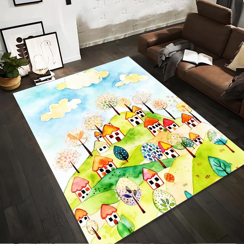 Colorful Cartoon Village Landscape Carpet – Cute Houses and Trees Design Suitable for use as an anti-slip for living room bedroom sofas