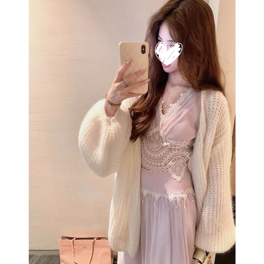 2025 French Lace V-neck Long Sleeve Cardigan & Early Autumn Maxi Skirt Set for Women