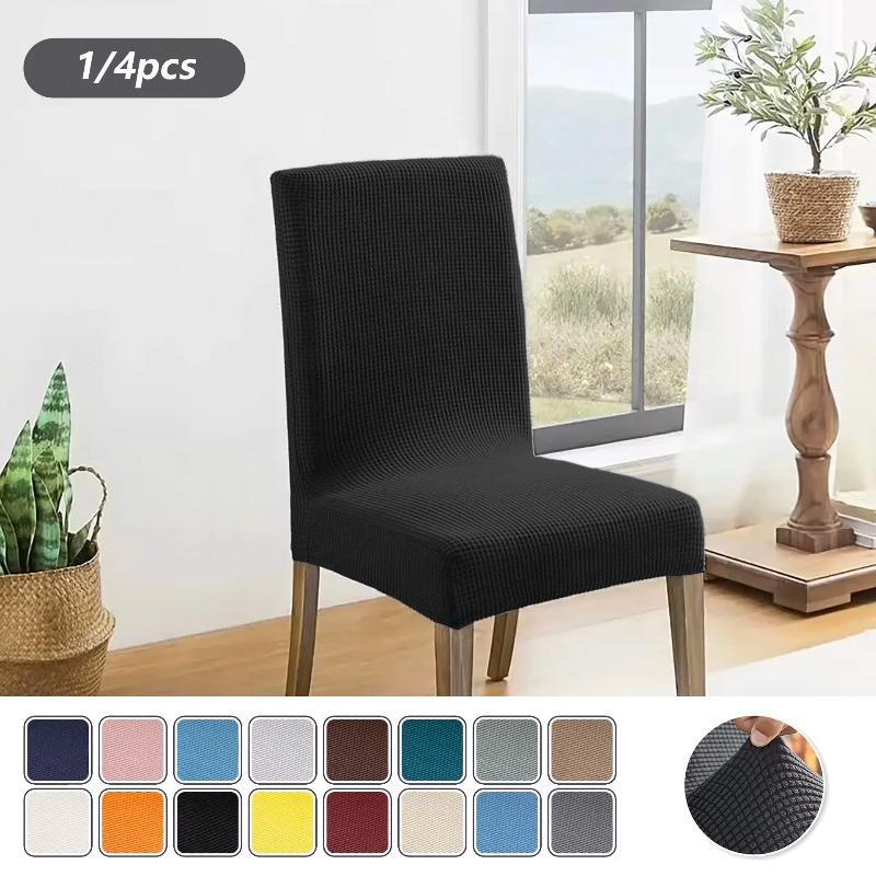 4PCS Stretch Dining Chair Covers Feature Textured Checked Jacquard Fabric High Back Chair Slipcover Thick Chair Protectors