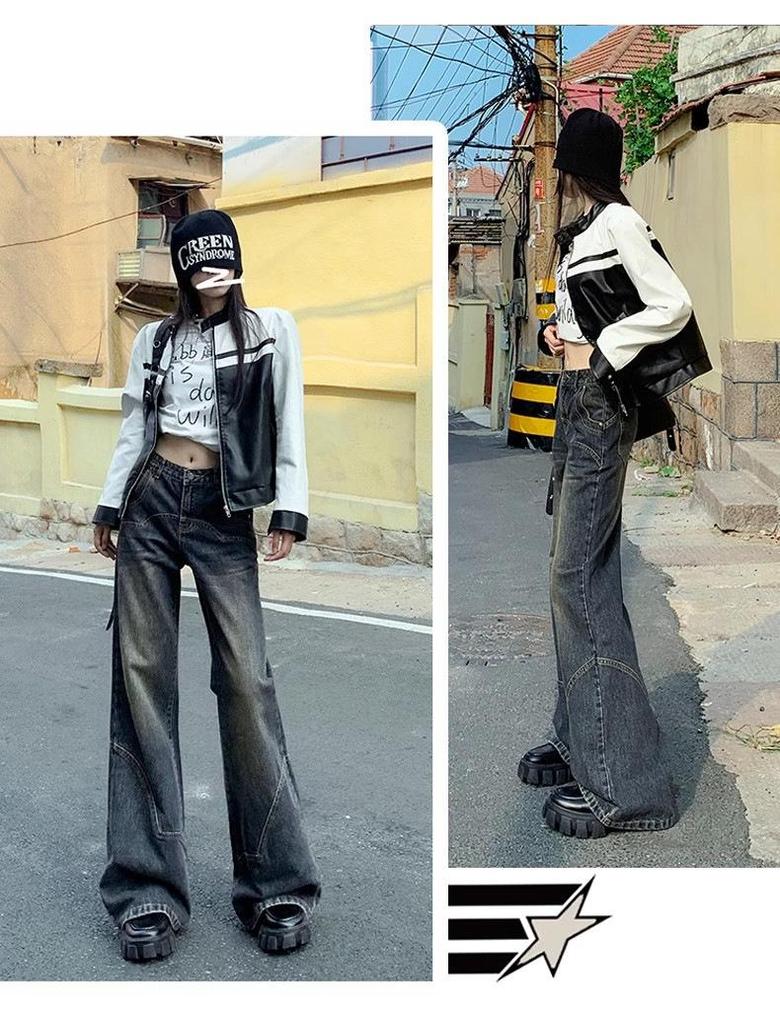 Cement Grey Retro Wide-Leg Micro Flare High-Waist Jeans for Women - Trendy Slimming Loose Fit, Spring/Autumn