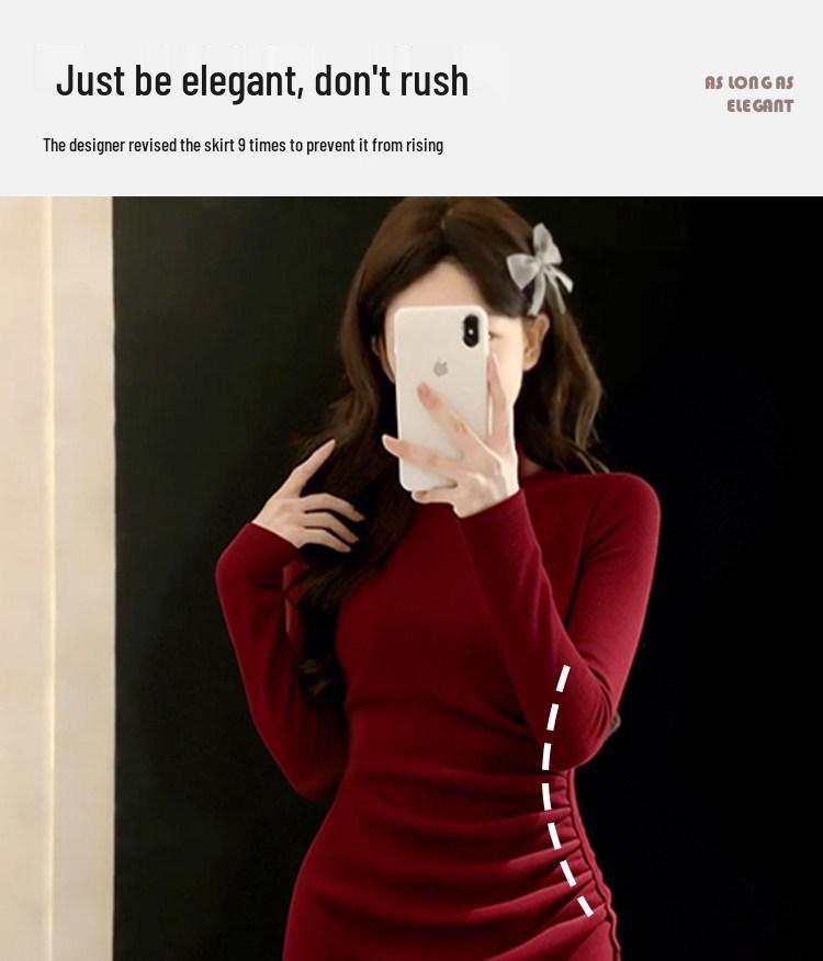 Red Slim-Fit Hip-Hugging Skirt for Women - Perfect for Layering Under Coats in Autumn and Winter