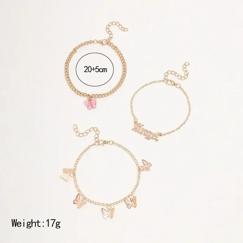 Girls Fashion Casual Ins Wind Retro English Alphabet Anklet Set Angel Pink Butterfly Three-piece Accessories Creative Gifts