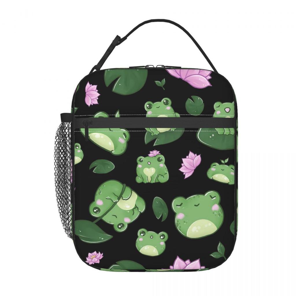 Sac à lunch isotherme motif grenouille mignonne de dessin animé sur feuilles de lotus pour femmes enfants Boîtes alimentaires portables Boîte à lunch thermique Sac fourre-tout