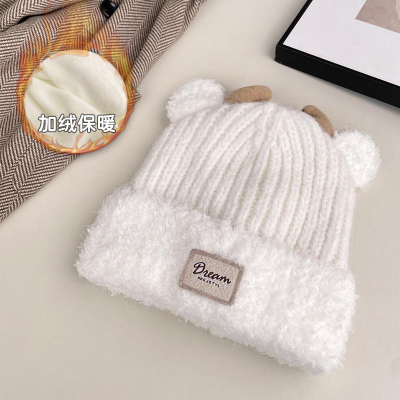 Cute deer ears knitted hat children's autumn and winter cold protection ear protection wool hat showing face small bag head cold hat