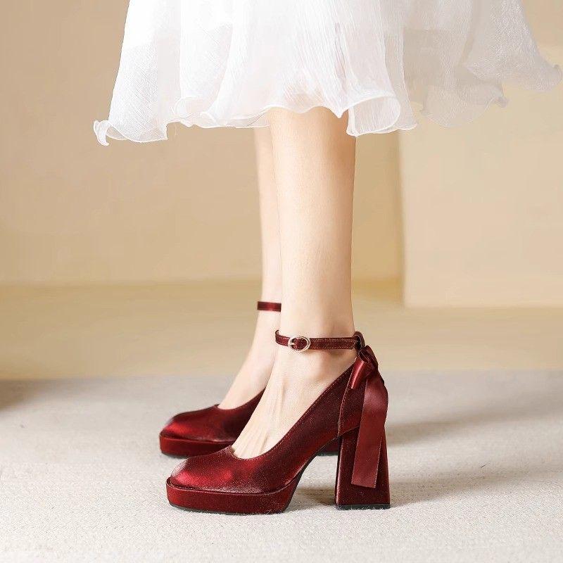 Off-White Satin Platform Mary Jane Heels with Square Toe for Spring/Summer Weddings