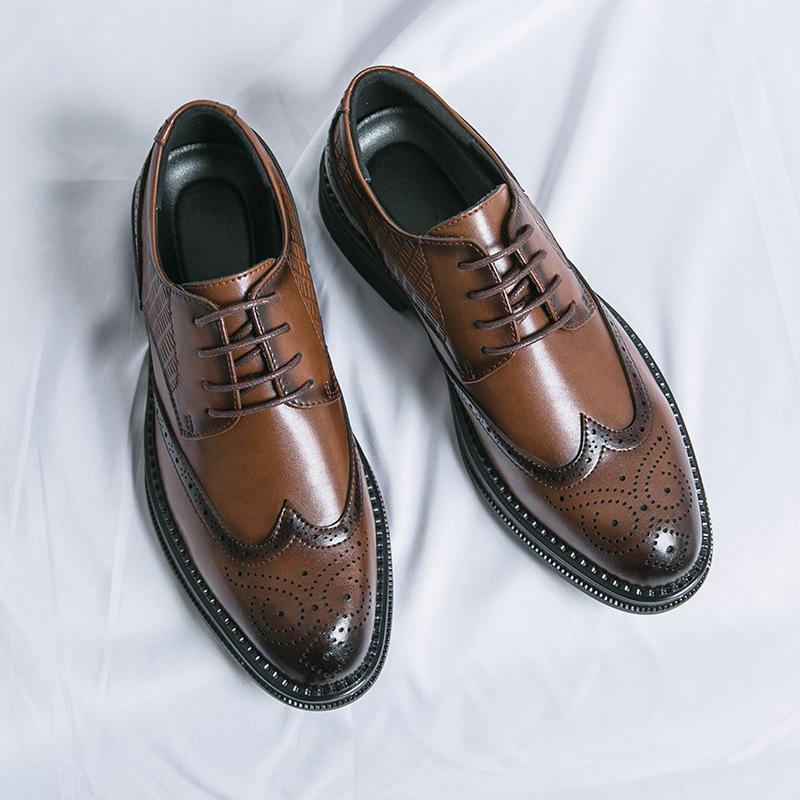 Brock Carved Leather Shoes Black Men's Shoes British Derby Shoes Groom Wedding Business Dress Casual Leather Shoes