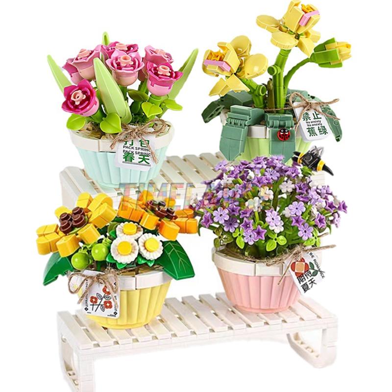 Diy Flower Vase Succulent Cactus Snow Lotus Potting Plants Gardens Building Blocks Model Mini Bricks Kids Sets Kits Toys
