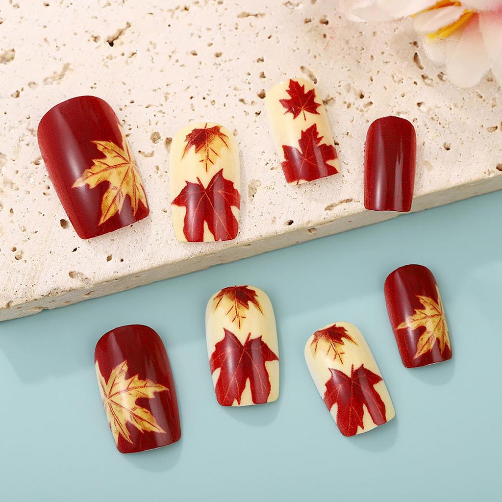 24Pcs Fall Press on Nails Medium Square Fake Nails with Autumn Leaves Designs Red Autumn Maple Leaf False Nail Thanksgiving Acrylic Nails Kit Red