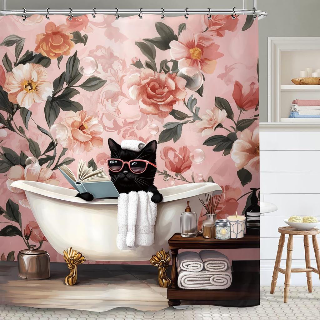 Japanese Samurai Black Cat Bathroom Shower Curtain Cherry Blossom Cool Funny Hilarious Black Polyester Fabric 12 Plastic Hooks