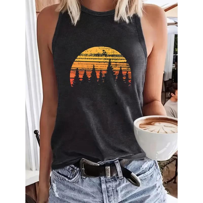 Sonnenaufgangslandschaft bedruckte Damen Rundhals-Pullover Frühling und Sommer lässiges ärmelloses Top