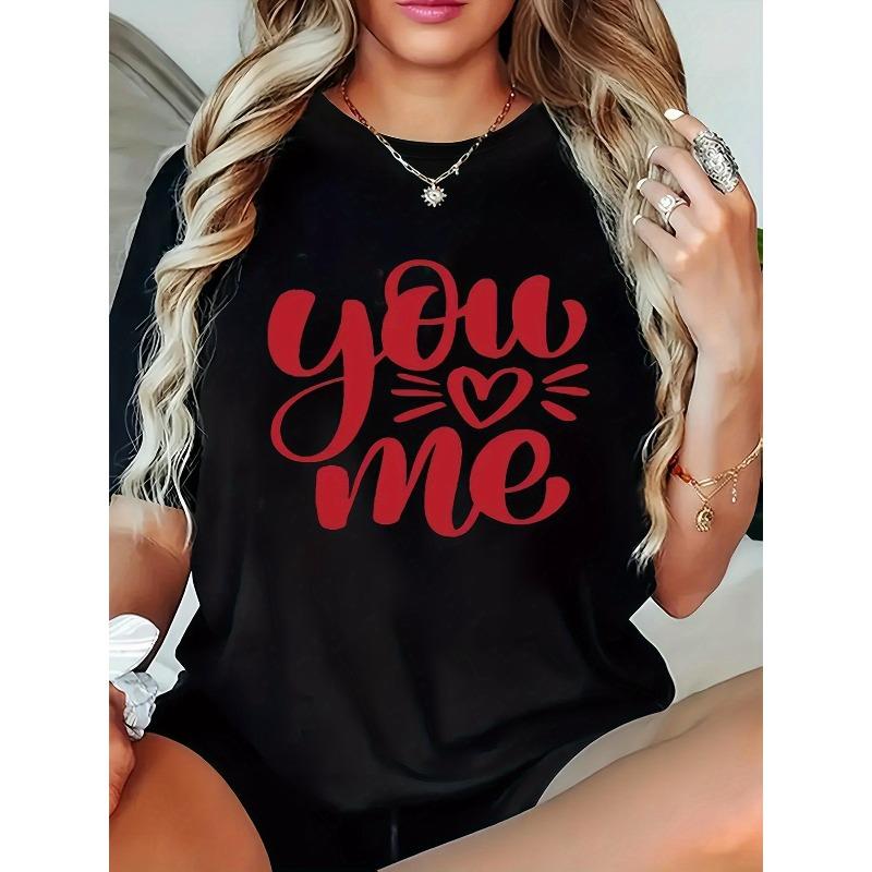 

Plus Size, Women s You Love Me Heart Print T-Shirt - Black with Red Lettering, Soft 180gsm Crew Neck Short Sleeve, S чёрный