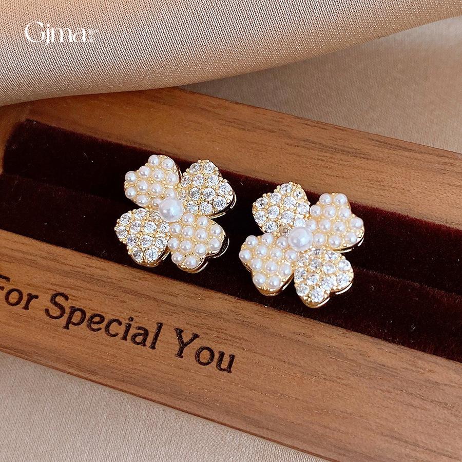 14k Electroplated Korean Version of Zircon Flower Pearl Stud Earrings Simple Earrings Women