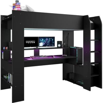 LED Gamer ONLINE Combined Children's Loft Bed - 90 X 200 Cm - Matt Black - Bed Base Included - PARISOT