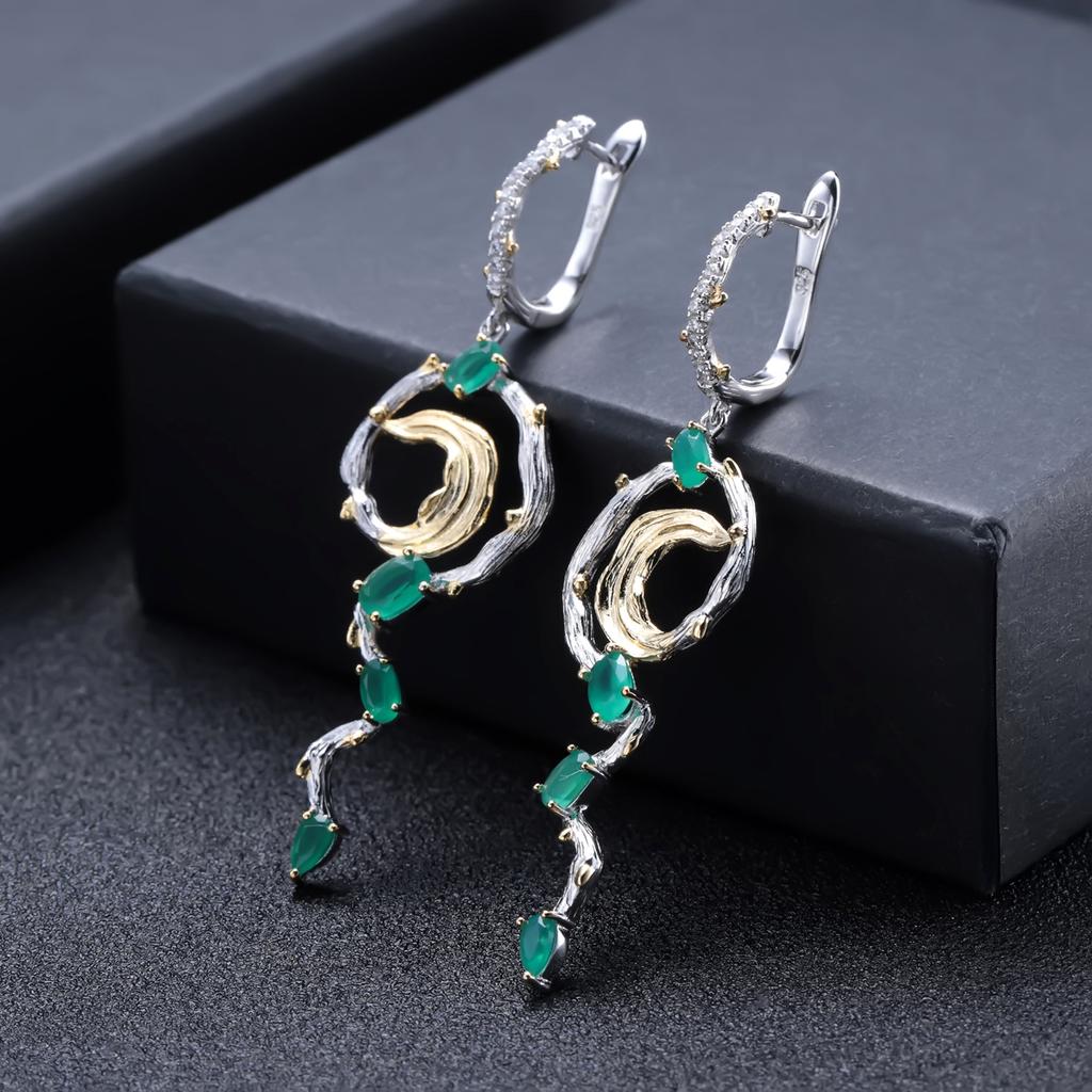 Original Designer Green Agate Earrings, Natural Style S925 Sterling Silver Natural Colored Treasure Earrings