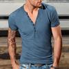 V-Neck Short Sleeve Buttons Half Placket Thin Men T-shirt Summer Solid Color Slim Fit Sport Top Streetwear