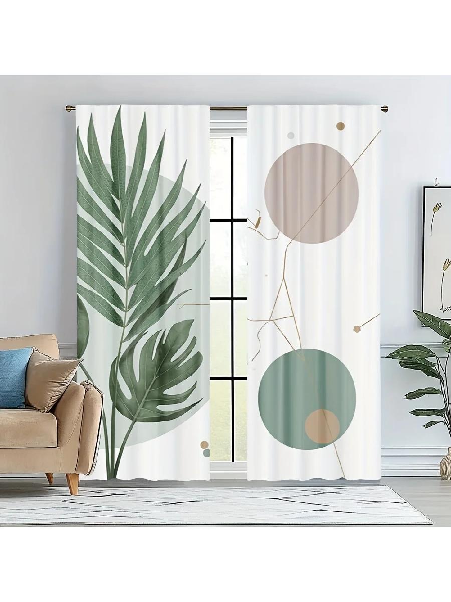 

Set Of 2 Modern Tropical Leaf Geometric Printed Curtains Designed Quality Material Ideal Daily Home Windo Curtain With Sheer Polyester W100*H70(CM)-Hooks&1PCS