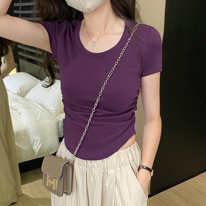 Special Sweet Cool Wind Shoulder T-Shirt Women's Summer New Temperament Waist Skinny Short Sleeve Pure Slim Bottom Top