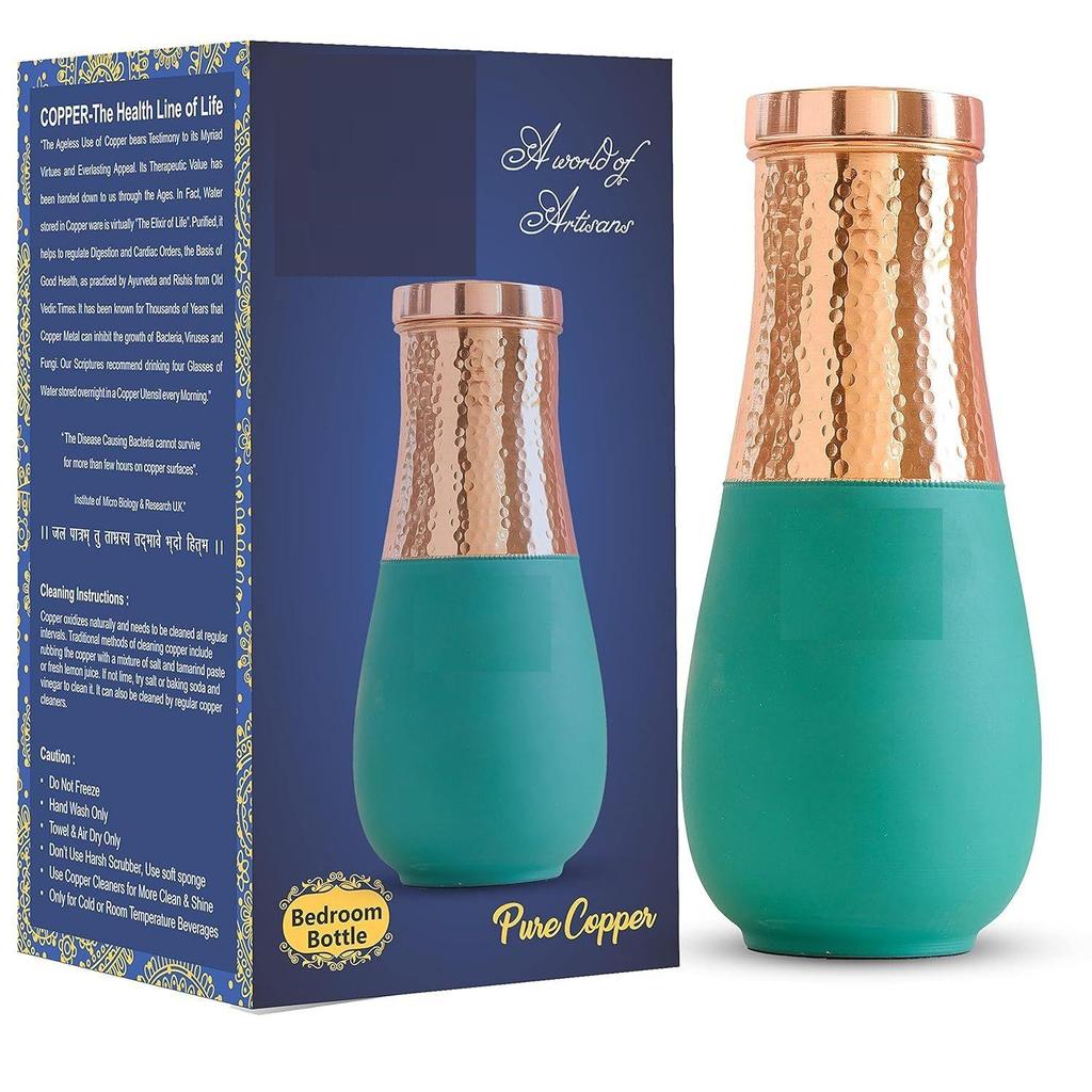 Pure Copper Bedroom Bottle, Vase Design Half Green Silk Half Hammered Finish, Drinkware & Storage Purpose - Volume 1425 Ml