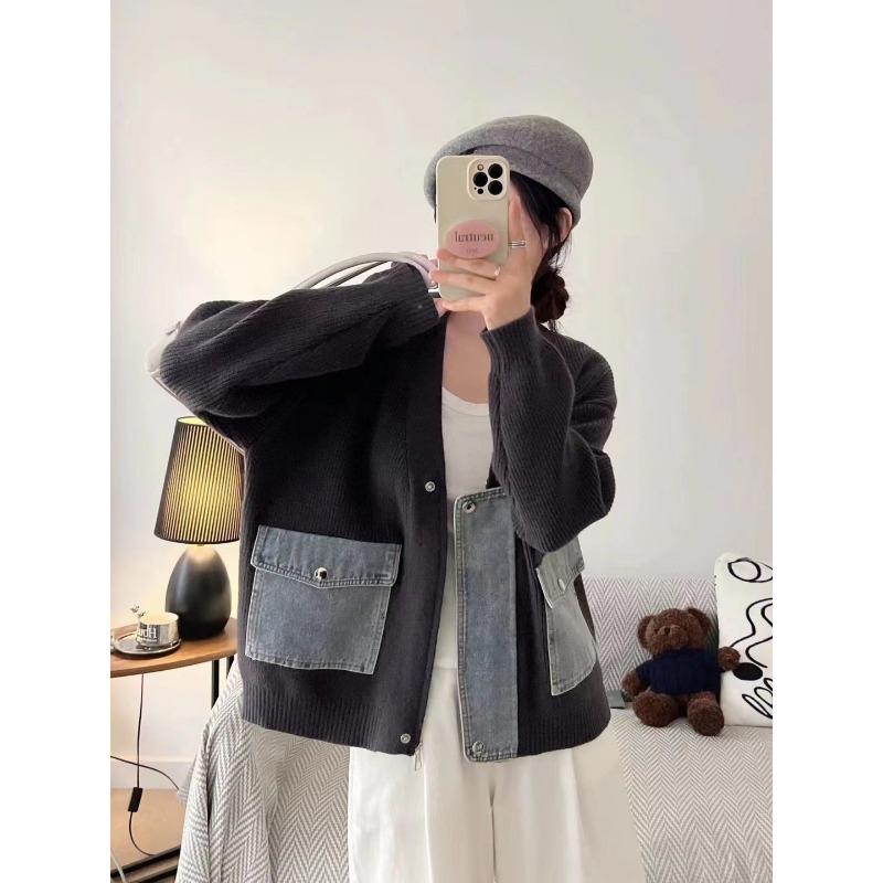 

Джинсовый дизайн с эффектом пэчворка, трикотажный кардиган на молнии, новый свободный свитер-куртка для женщин на осень и зиму one size fits all темно-серого