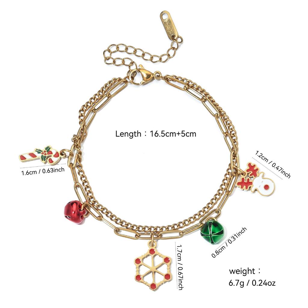 Double-layer Stainless Steel Bracelet with Christmas Charms: Snowman, Snowflake, Tree, Santa.