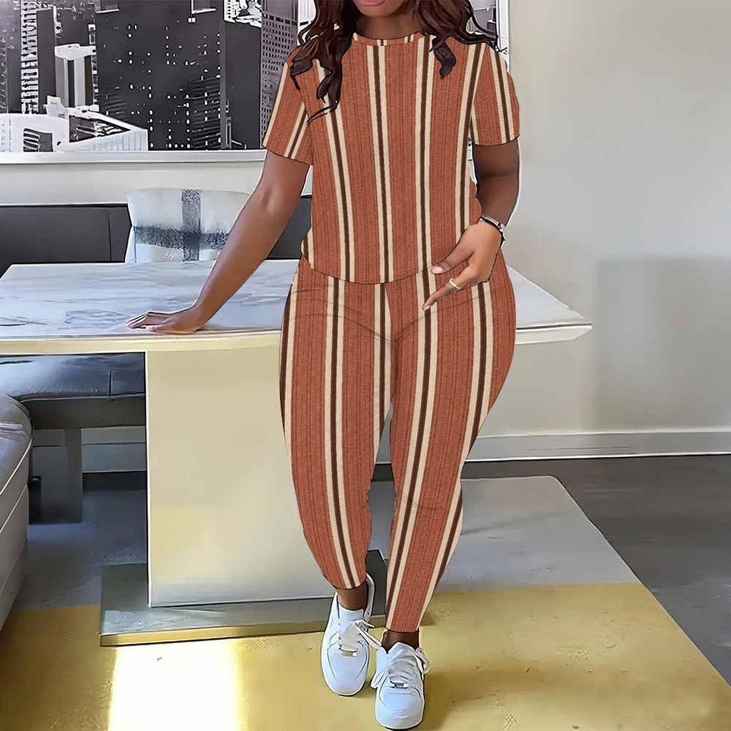 Women Plus Size Black White Printed Round Neck Short Sleeve Top Long Pants Two Piece Set