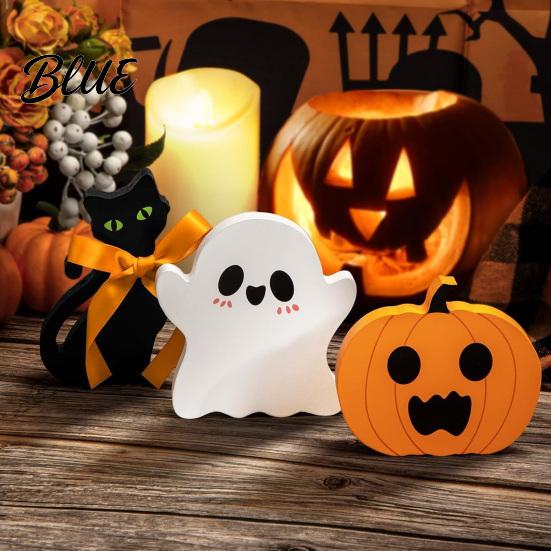 Holiday Home Decor for Mantels 3Pcs/Set Halloween Tiered Tray Decorations Cute Ghost Pumpkin Black Cat Party Supplies Indoor Ornaments Wooden Block