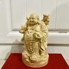 Wood Carved Buddha Statue Hotei Cypress Wooden High Quality Wood Money Luck Ornament Ornament, Carving, (Size 16cm)