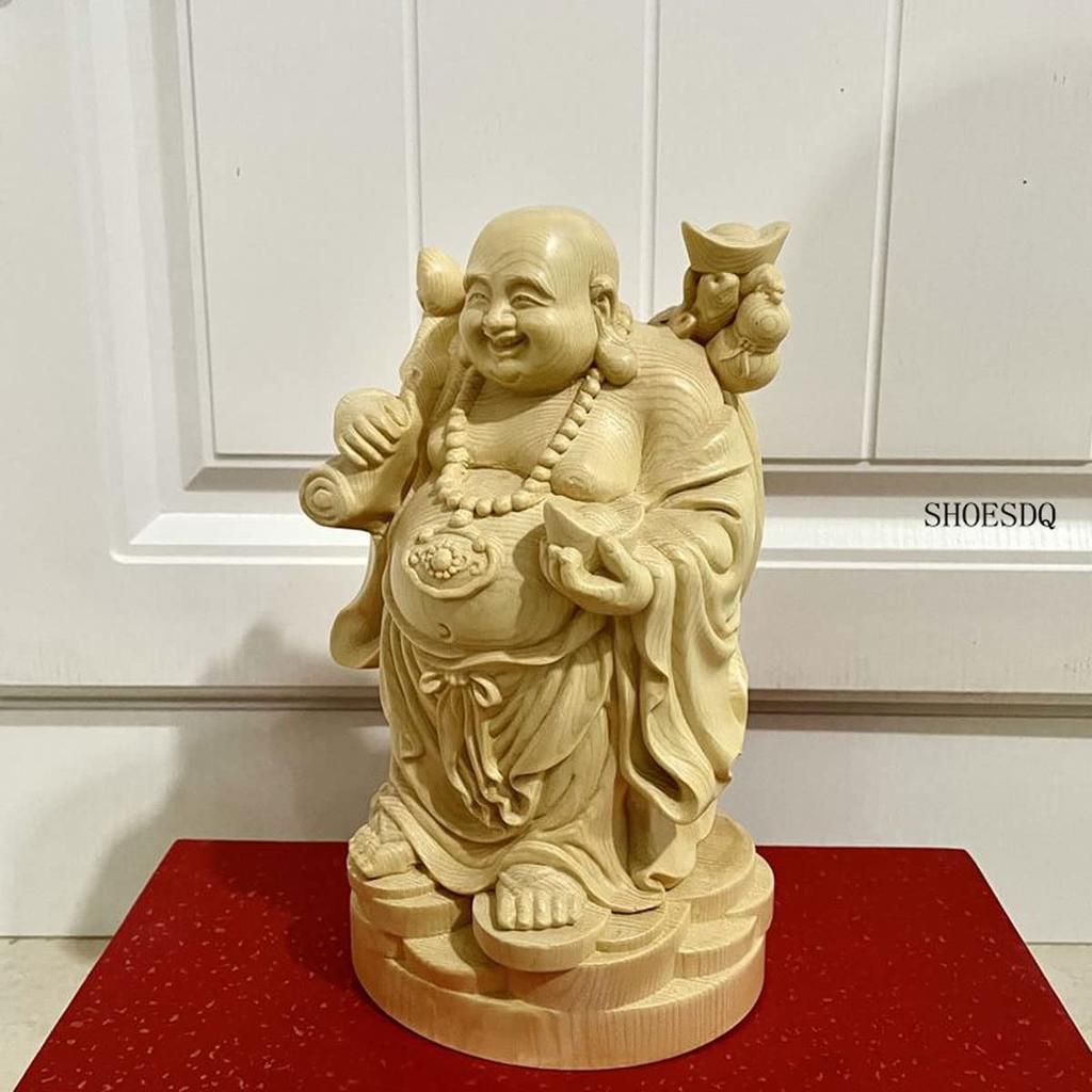 Wood Carved Buddha Statue Hotei Cypress Wooden High Quality Wood Money Luck Ornament Ornament, Carving, (Size 16cm)